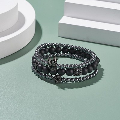 3Pcs 3 Style Round Synthetic Black Stone & Hematite Beaded Stretch Bracelets Set BJEW-JB07688-02-1