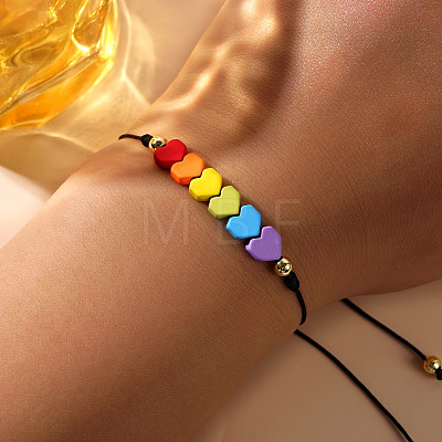 Friendship Rainbow Heart & Brass Bead Adjustable Braided Bracelets VD3512-1-1