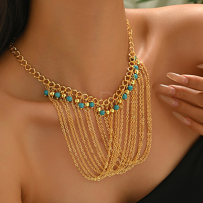 Bohemian Iron and Synthetic Turquoise Multi-Layered Tassel Bib Necklaces for Women IX0795-1