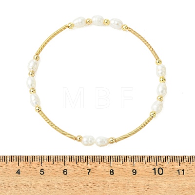 Rice Natural Cultured Freshwater Pearl & Brass Beaded Copper French Wired Bangles BJEW-JB13981-1