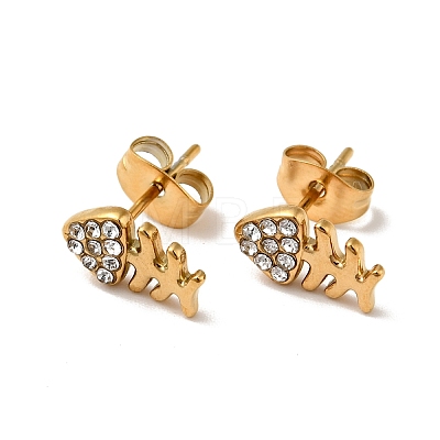 Rhinestone Fishbone Stud Earrings with 316 Surgical Stainless Steel Pins EJEW-A081-13G-1