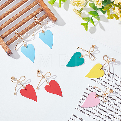 5 Pairs 5 Colors  Alloy Bowknot with Heart Dangle Stud Earrings EJEW-AN0003-59-1