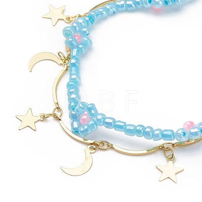 Brass Moon and Star Charms & Seed Flower Double Layer Multi-strand Bracelet for Women BJEW-JB08849-1