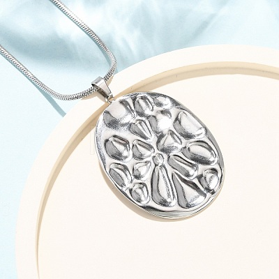 304 Stainless Steel Textured Oval Pendant Necklaces for Women NJEW-C117-01B-P-1