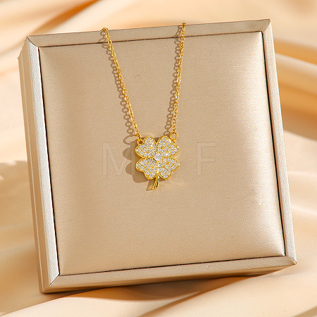 Brass Micro Pave Clear Cubic Zirconia Clover Pendants Necklaces NJEW-K280-02G-1