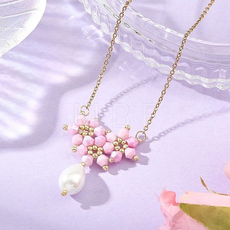 Electroplate Glass Beaded Flower Teardrop Pendant 304 Stainless Steel Cable Chain Necklaces NJEW-MZ00156-01-1