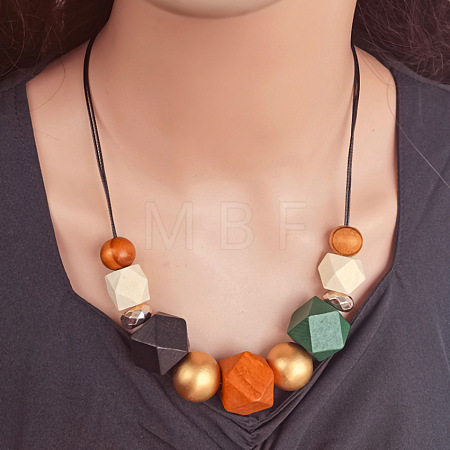 Wooden Octagon Round Graduated Beaded Necklaces for Women WGAA11B-01-1