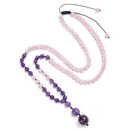 Natural Amethyst & Rose Quartz Graduated Beaded Round Pendant Adjustable Braided Necklaces for Yoga and Aromatherapy HY9299-3-1