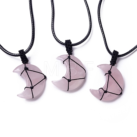 Adjustable Natural Rose Quartz Moon Pendant Necklace NJEW-B086-02G-1