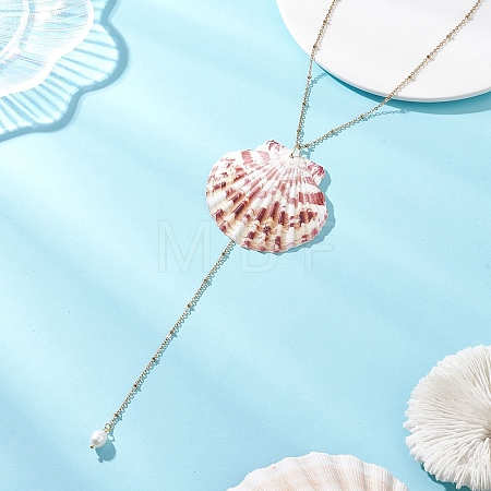 Natural Sea Shell Big Pendant 304 Stainless Steel Satellite Chain Long Tassel Y Necklaces for Women NJEW-JN06297-1
