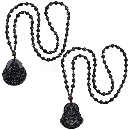 2Pcs 2 Styles Natural Obsidian Buddha Pendant Beaded Necklaces NJEW-UN0001-91-1