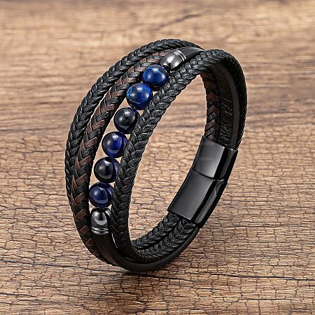 Natural Sodalite Round Beads & Braided Imitation Leather Cord Bracelets for Men FS-WGCE7B3-27-1