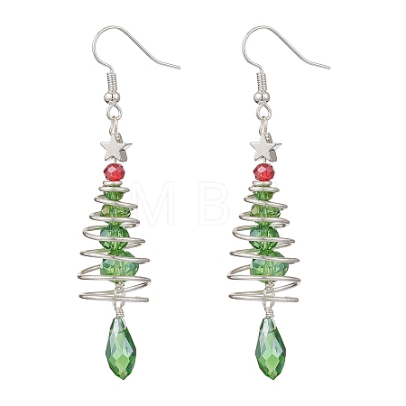 Christmas Tree with Star Brass Wired Glass Dangle Earrings EJEW-JE06126-1
