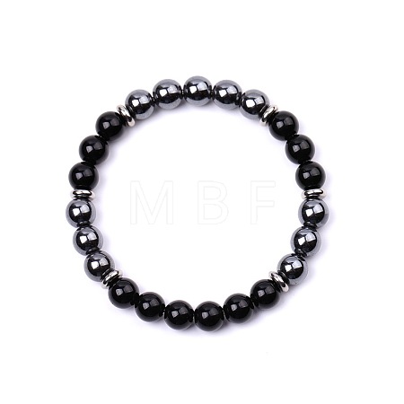 Glass & Synthetic Non-magnetic Hematite Round Beads Stretch Bracelets for Women Men KJ2327-2-1