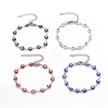 Enamel Oval with Evil Eye Link Chains Bracelet BJEW-P271-04P-1