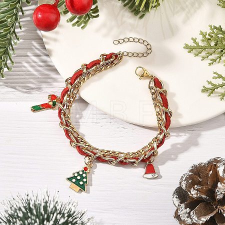 Alloy Enamel Christmas Tree Hat Candy Cane Charm Faux Suede Cord 304 Stainless Steel Woven Chain 2-Strand Bracelets BJEW-TA00763-1