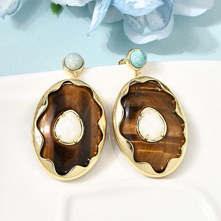 Brass & Natural Tiger Eye Dangle Stud Earrings G-B186-04G-1