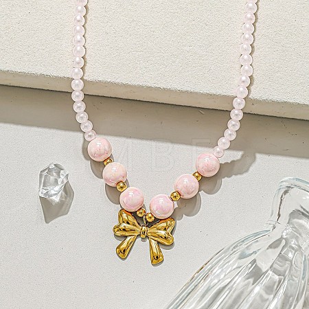 Summer Beach 304 Stainless Steel Pendant Plastic Round Beaded Necklaces for Women WGF027E-02-1