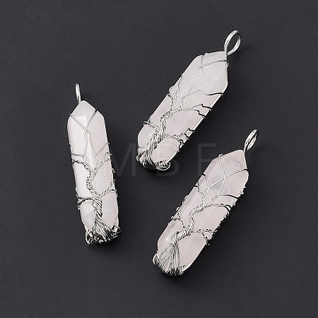 Natural Rose Quartz Copper Wire Wrapped Pointed Pendants G-F733-05H-1