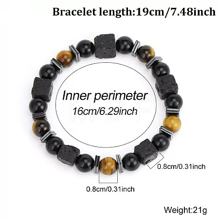 European Synthetic Non-magnetic Hematite & Natural Obsidian & Lava Rock & Tiger Eye Beaded Stretch Bracelets for Men XR3727-2-1