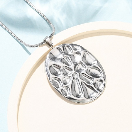 304 Stainless Steel Textured Oval Pendant Necklaces for Women NJEW-C117-01B-P-1