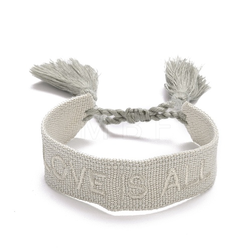 Word Love Is All Polycotton(Polyester Cotton) Braided Bracelet with Tassel Charm BJEW-F429-05-1