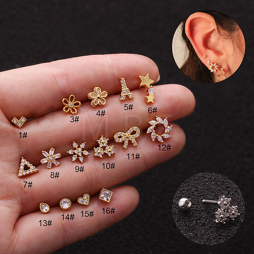 316L Surgical Stainless Steel Micro Pave Clear Cubic Zirconia Flat Round Cartilage Earrings WGCF17E-30-1