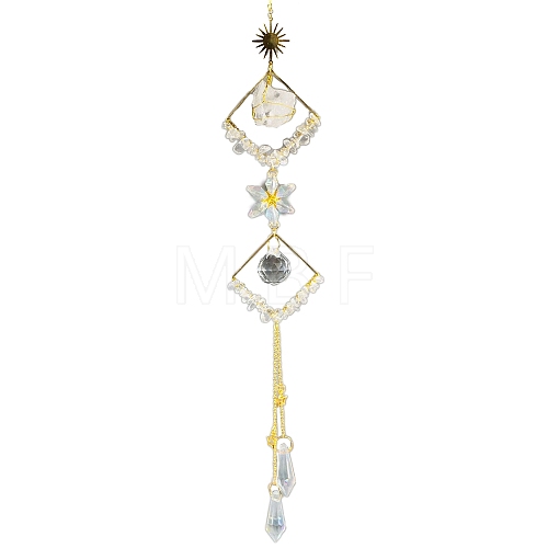 Wire Wrapped Natural Quartz Crystal Chips & Metal Rhombus Hanging Ornaments PW-WG8E26C-03-1