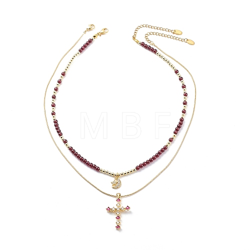 2Pcs 2 Style Cubic Zirconia Cross & Moon Pendant Necklaces Set with Natural Garnet Beaded NJEW-JN04029-1