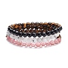 Natural Tiger Eye & Moonstone & Black Stone & Cherry Quartz Glass Round Beads Stretch Bracelets Set BJEW-JB07293-1