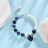 Natural Lapis Lazuli Heart Charm Bracelet with Natural Pearl Beaded Chains for Women BJEW-TA00255-01-2
