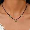 Vintage Stainless Steel Pave Synthetic Turquoise Heart Pendant Glass Faceted Round Beaded Necklaces for Women UN1640-2
