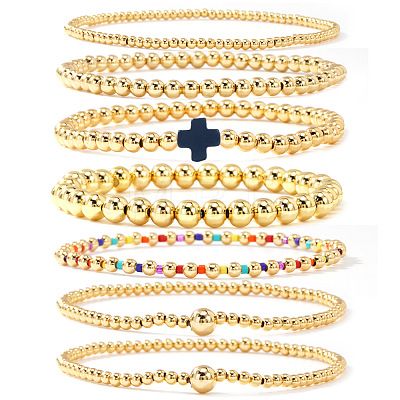 7Pcs Brass Round Beaded Bracelets for Women SB9067-8-1