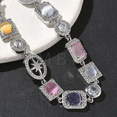 Brass Micro Pave Cubic Zirconia & Cat Eye Rectangle & Square & Oval Link Chain Bracelets for Women BJEW-G764-08P-1