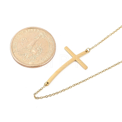 Ion Plating(IP) 304 Stainless Steel Religion Curved Cross Pendant Cable Chain Necklaces for Women NJEW-P320-13G-1