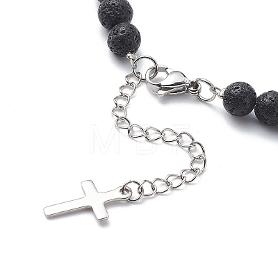 Natural Lava Rock Beaded Necklace with Brass Cross Charms NJEW-JN03975-1