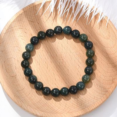 Natural Moss Agate Beaded Stretch Bracelets B072-5-1