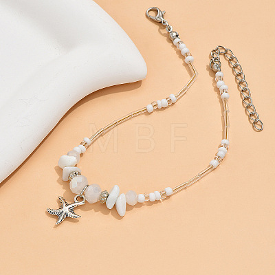 Natural White Jade Chips & Glass Beads Anklets WGE754A-02-1