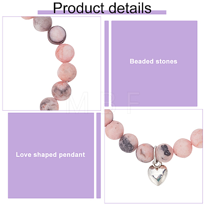 FIBLOOM 4Pcs 4 Styles Natural Mixed Gemstone Round Beaded Stretch Bracelets Set with Alloy Heart Charms BJEW-AN0001-72-1