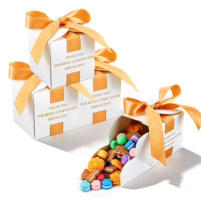 Gold Stamping For You White Paper Candy Boxes with Ribbon CON-WH0043-302B-1