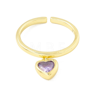 Cubic Zircona Heart Charm Dangle Open Cuff Ring RJEW-H103-02G-1