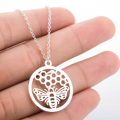 304 Stainless Steel Ring with Bee & Honeycomb Cutout Pendant Necklaces for Women WGD6CCF-02-1