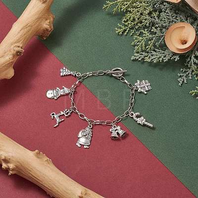 Christmas Tree & Snowman & Candy Cane & Gift Box Alloy Charm Bracelet BJEW-JB09300-1