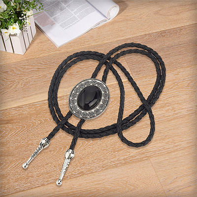 1Pc Alloy & Acrylic Imitation Synthetic Turquoise Oval Pendant Black PU Leather Cord Boho Tie Lariat Necklaces NJEW-GF0001-22-1