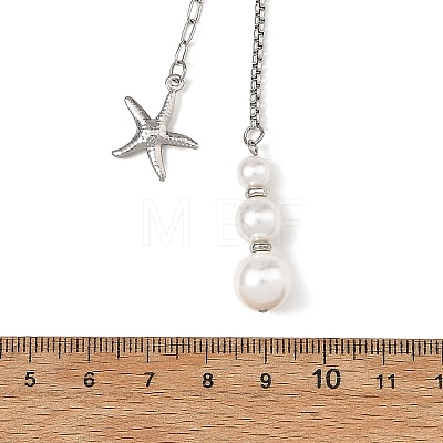 Summer Beach 304 Stainless Steel Starfish Pendant Lariat Necklaces with Shell Pearl NJEW-JN06604-02-1