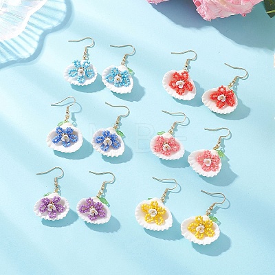 Glass Seed & Clam Shell & Resin Imitation Pearl Woven Dangle Earrings EJEW-MZ00659-1