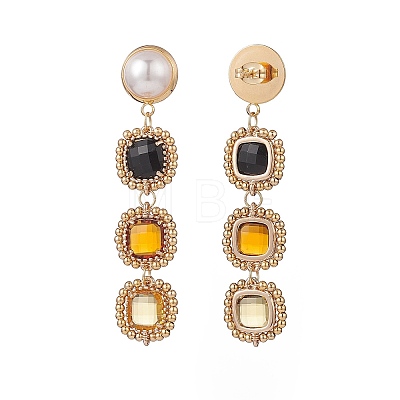 Glass Rectangle Beaded Long Dangle Stud Earrings with Imitation Pearl EJEW-TA00141-02-1