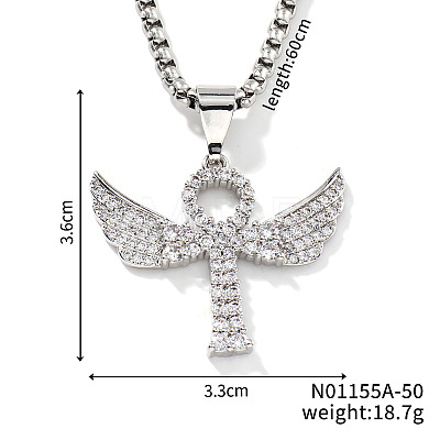 Elegant Brass Crystal Rhinestone Winged Cross Pendant Box Chain Necklaces OK2831-1-1