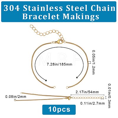 Beebeecraft 10Pcs 304 Stainless Steel Box Chains/Venice Chains Bracelets Making AJEW-BBC0002-10-1