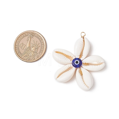 Natural Cowrie Shell with Handmade Blue Evil Eye Lampwork Pendants PALLOY-TA00274-1